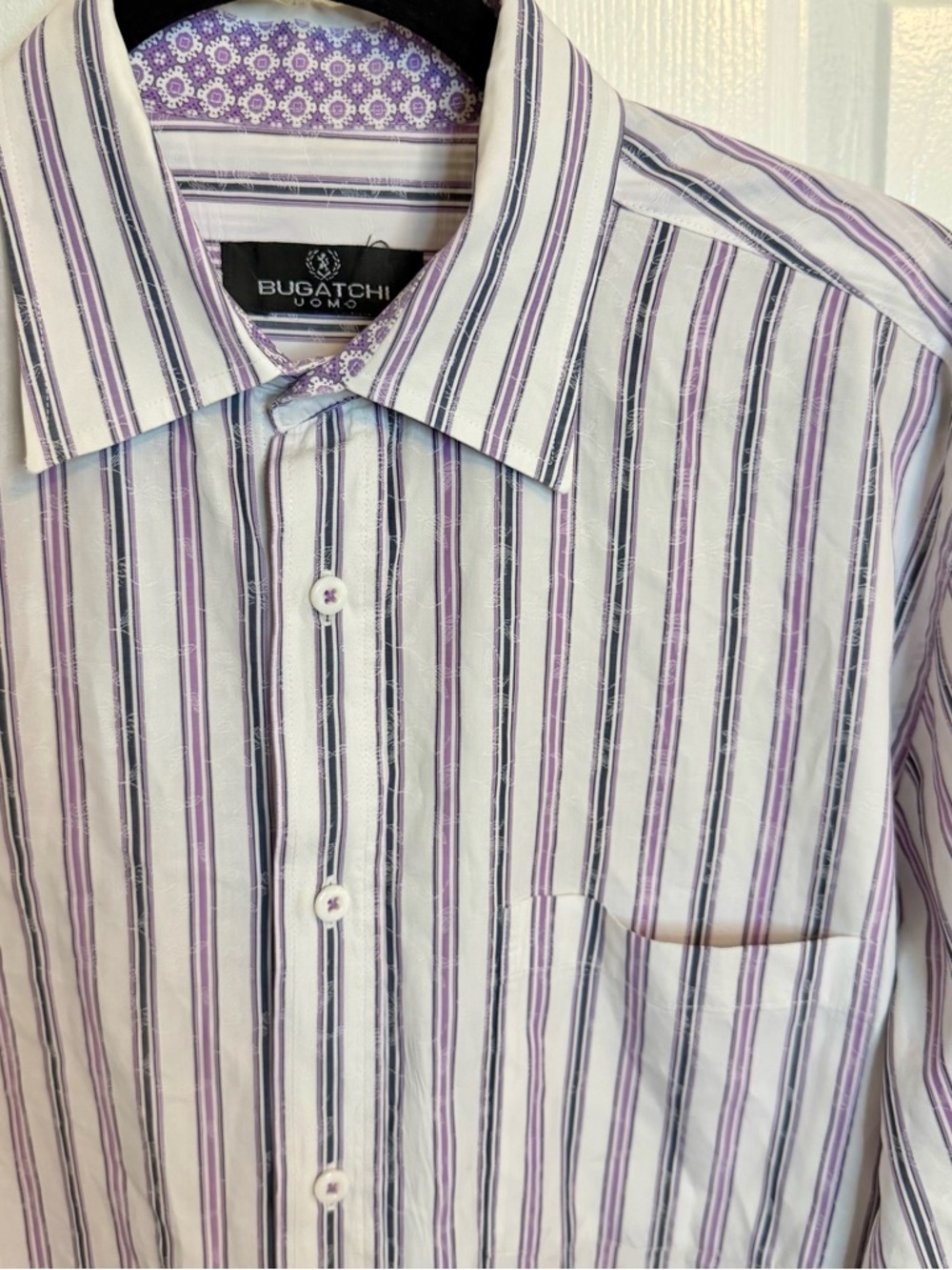 Bugatchi Uomo Men's Striped Shirt White Purple Large